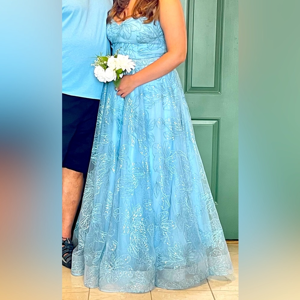 Prom Dress-Light Blue, Strapless, and Full Length